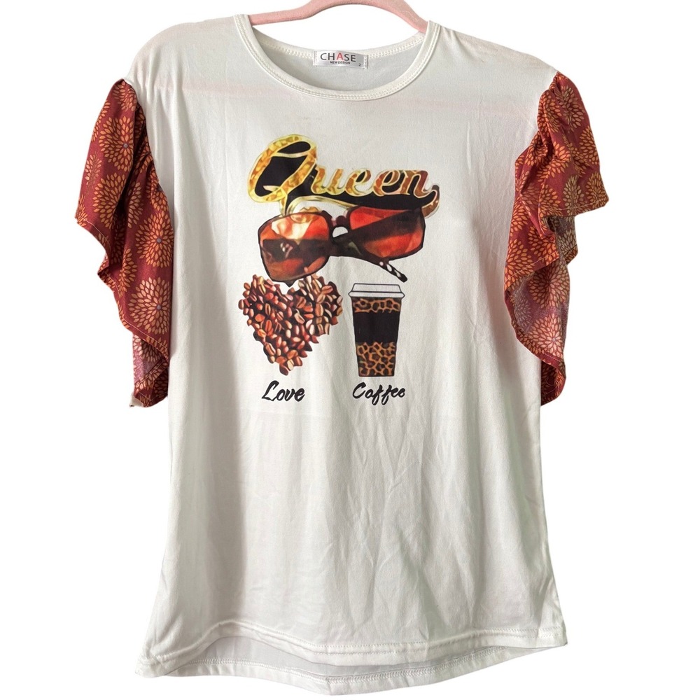 Chase New Design Queen Coffee Graphic Top Upcycled Ruffle Sleeve White Shirt 2